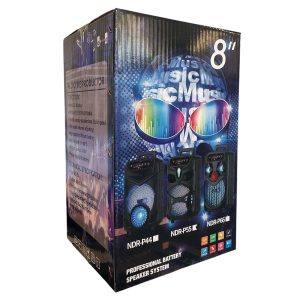 Караоке колона NDR-P55 | 20W, 8″ бас, TWS + 7 цвята ЕЛЕКТРОНИКА Едър план на колоната с дисплей, микрофон и дистанционно управление.