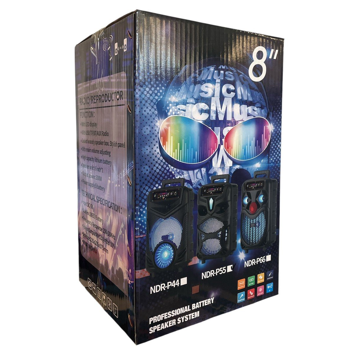 Караоке колона NDR-P55 | 20W, 8″ бас, TWS + 7 цвята ЕЛЕКТРОНИКА Едър план на колоната с дисплей, микрофон и дистанционно управление.