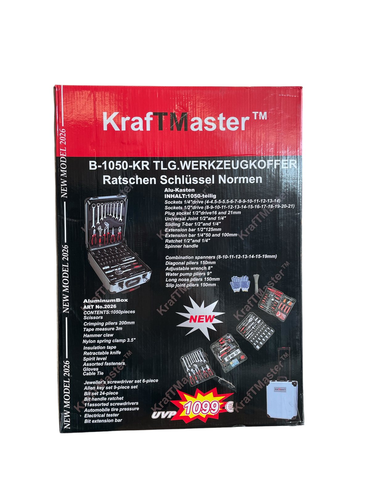 Куфар с инструменти KRAFTMASTER 1050ч | 4 отделения ГЕДОРЕТА Едър план на подредените инструменти в 4 отделения на куфара.