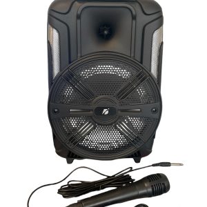 Тонколона KTS-1175 | 8″ бас, Bluetooth + светлинни ефекти ЕЛЕКТРОНИКА Едър план на колоната с LED дисплей, контроли и жичен микрофон.